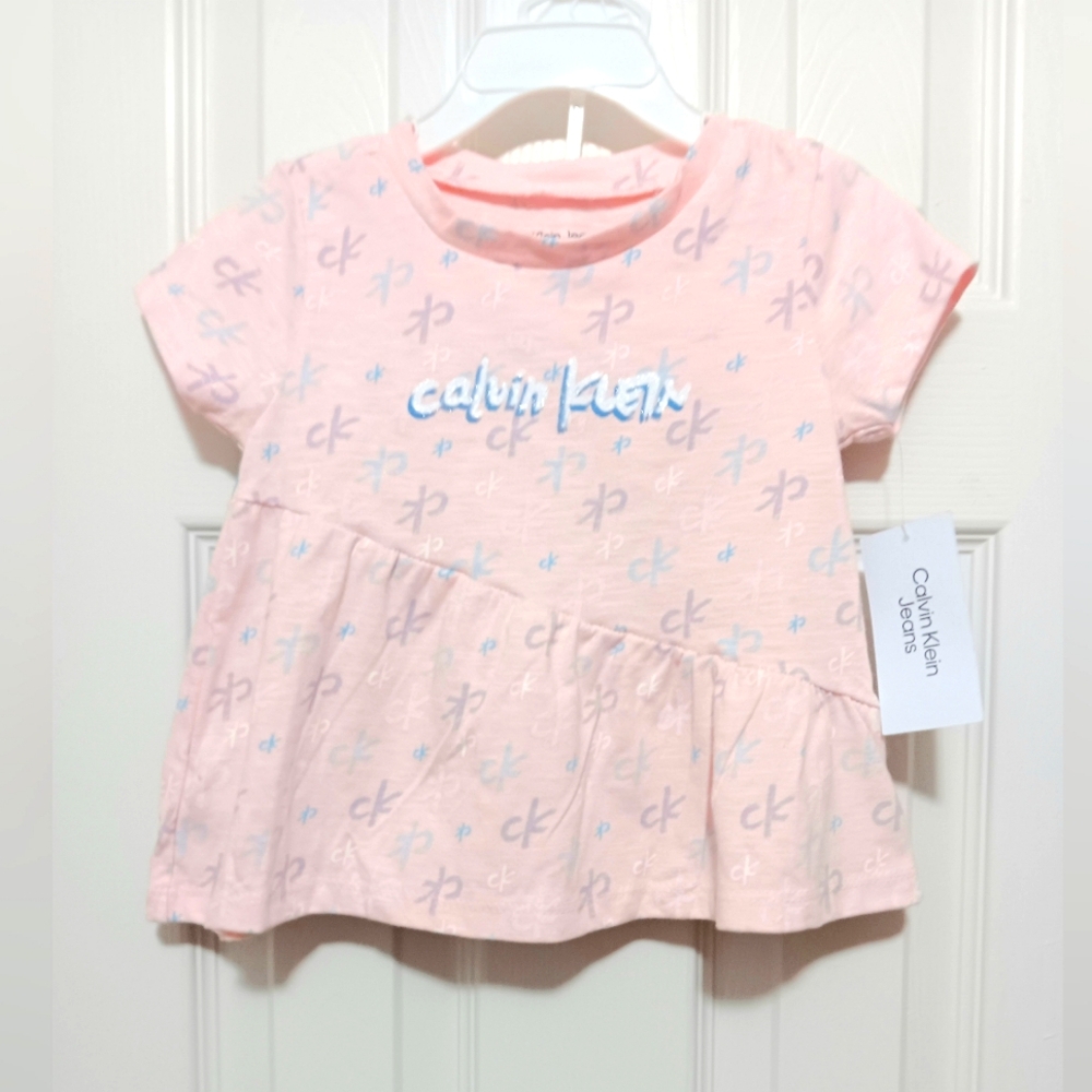 2pc Calvin Klein short sleeve peplum top and blue denim shorts for toddler girls